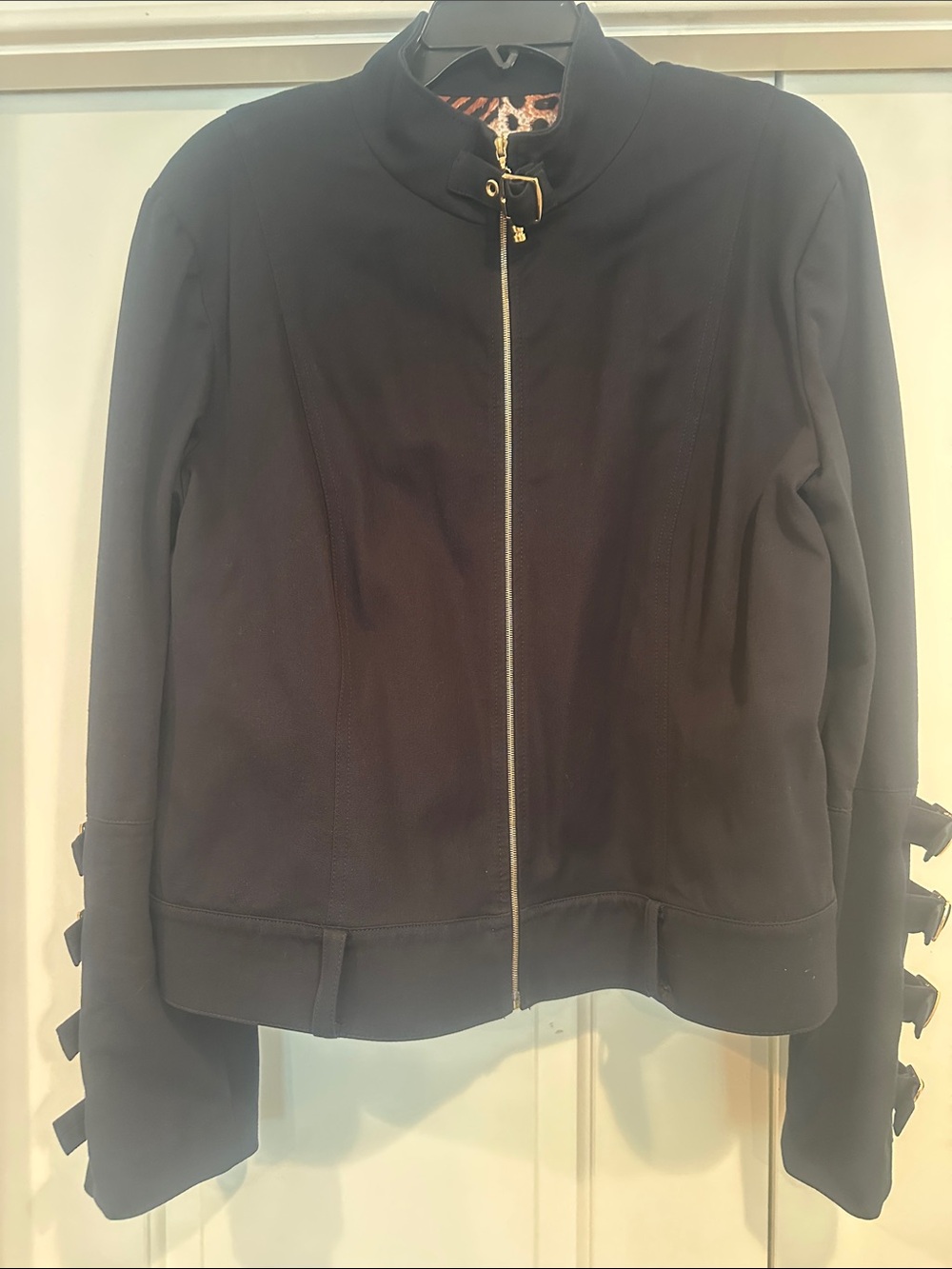 St. John Couture Black Bomber Jacket with Buckle-Sleeve Details